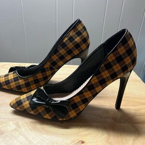 Plaid Stiletto Heels with Glossy Bow